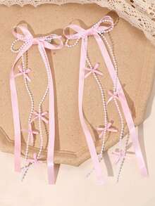 2个粉色流苏发夹，纯色丝带流苏蝴蝶结鳄鱼夹，仿珍珠流苏蝴蝶结发夹，优雅仿珍珠流苏蝴蝶结发卡，婚礼度假双马尾蝴蝶结发夹，女孩发饰，爪夹，发爪，发卡 - 粉色 - 查看 7