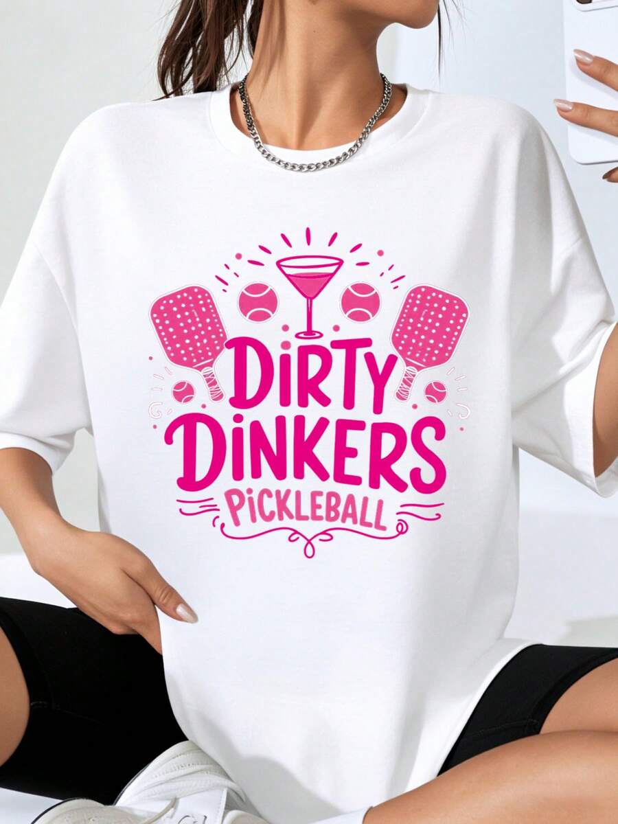 Dirty Dinkers Pickleball Women's Oversized T-Shirt Fun Sporty Graphic Tee For Pickleball Players Casual Summer Wear Gift For Pickleball Lovers - White - View 1