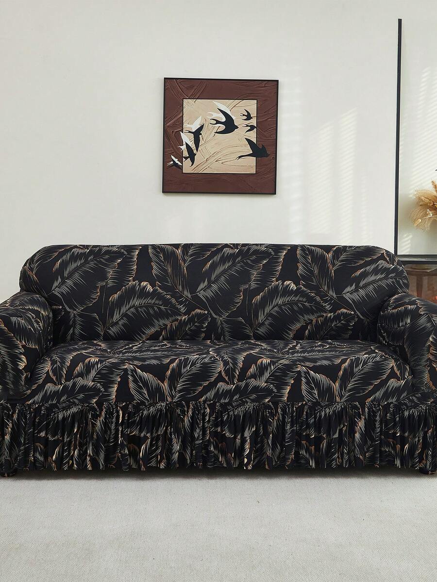 1pc Skirt Style Stretch Sofa Cover, Soft & Comfortable, Printed Stretch Furniture Protector, Multiple Sizes Available - Black - View 1
