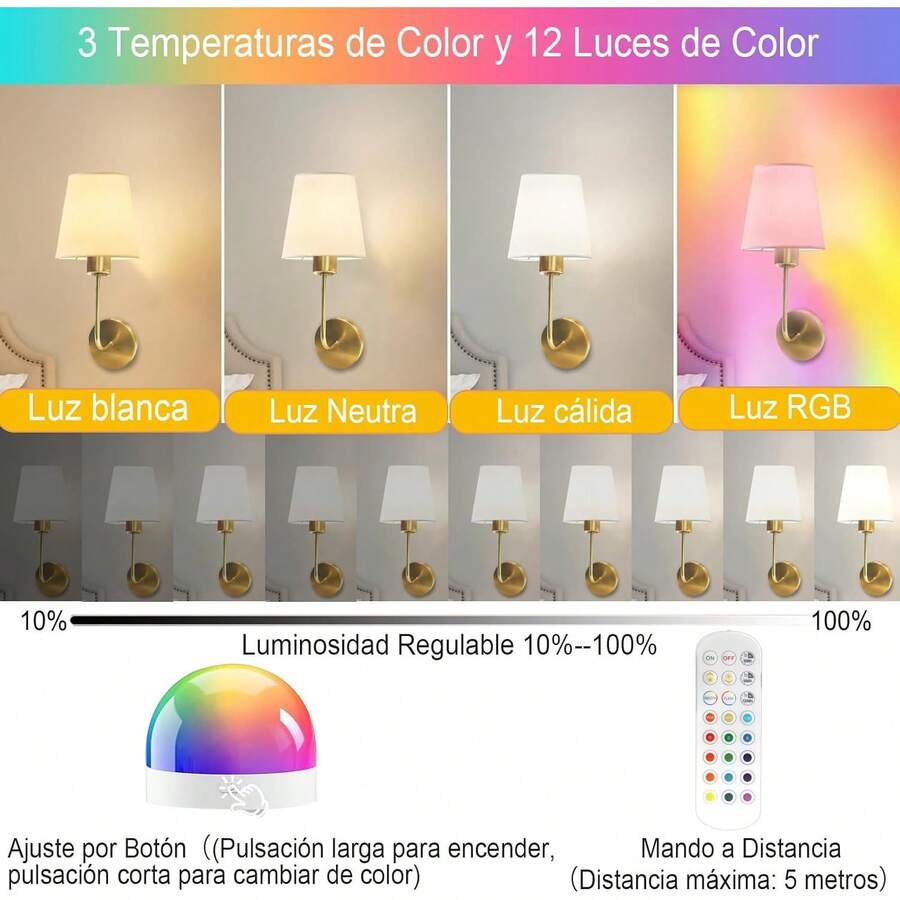 Lámpara de Pared Inalámbrica 2 Pack, KUAEAY Aplique de Pared Recargables con 2 Bombillas Magnéticas de 2000mAh, Control remoto, 12 RGB colores Regulables, Luz para Dormitorio, Sala de Estar, Pasillo - Nergo - Ver 1