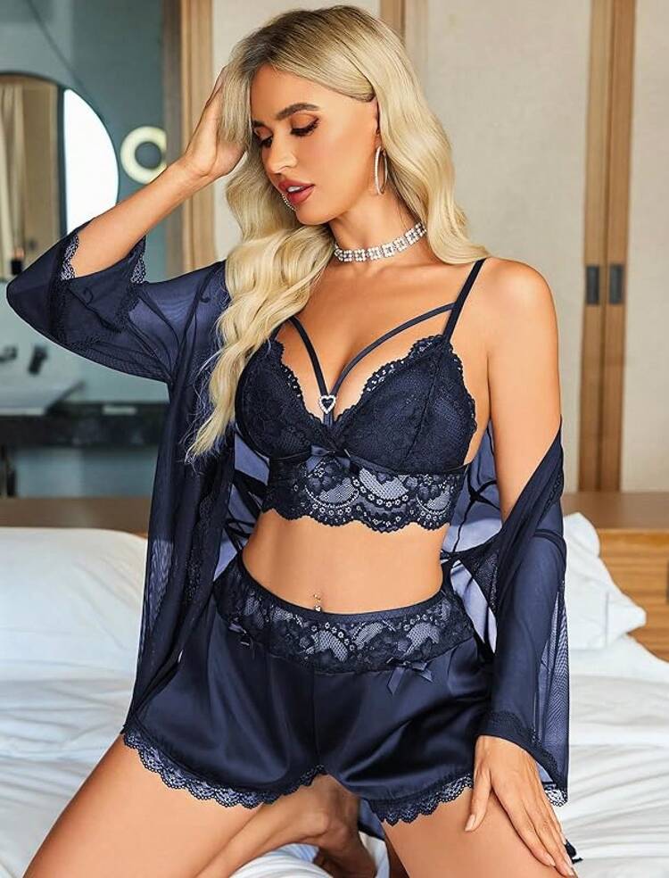 Women Set 3 Piece Lingerie Lace Cami Sleepwear And Silk Satin Pjs Sets With Mesh Kimono Robe - Navy Blue - View 5