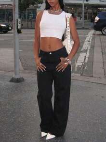 女士直筒牛仔裤，经典纽扣门襟，斜插口袋设计，休闲舒适，适合日常穿着 - 黑色 - 查看 3