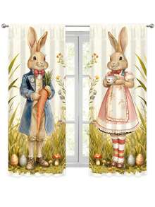 2pcs Easter Bunny Curtains, Countryside Couple Rabbit Carrot Egg Print Curtains, Creating A Cozy Easter Atmosphere, Ideal For Easter Party Decor, Suitable For Living Room, Bedroom, Dining Room And More, Can Be Used As Curtain Decor, Room Decor Background, Polyester Rod Pocket, Also A Great Easter Gift. - Easter Bunny - View 10