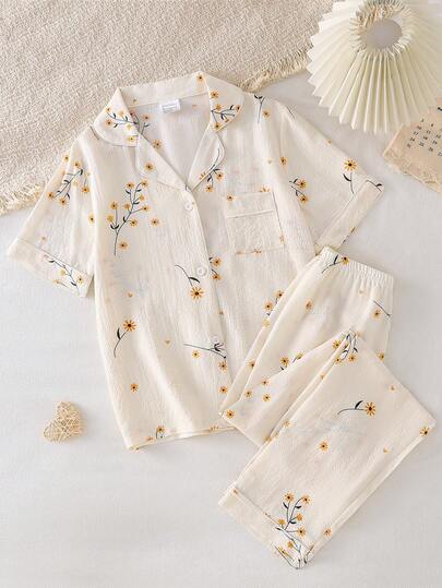 2pcs/Set Girls Floral Print Polo Collar Cardigan & Pants Casual Loungewear Set, Spring/Summer