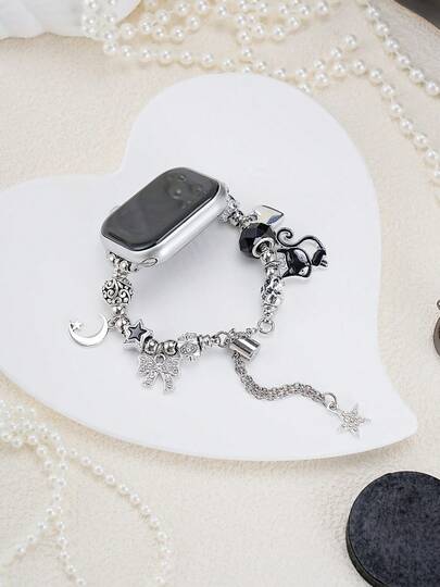 1 Exquisite And Cute Fashionable Black Cat Pendant Chain Strap, Silver+Black Compatible With Apple Watch Strap, Suitable For 38mm 40mm 41mm 42mm 44mm 45mm 46mm 49mm Women's Fashion Bracelet, Suitable For Series UltraS10/S11/9/8/7/6/5/4/3/2/1 Smart Wristband (Excluding Watch), The Best Gift For Girlfriends And Friends For Birthdays