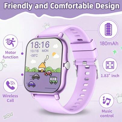 1.81英寸触屏智能手表，青少年适用 - 硅胶表带，180mAh电池，USB充电，可调节舒适表带，多种表盘选择，计步追踪，音乐播放器，日历，闹钟，运动设计，互动功能。万圣节/圣诞节/复活节/感恩节/父亲节的完美礼物。