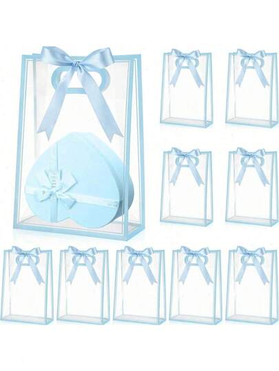 5/10Pcs Clear Plastic Gift Bag With Die Cut Handles Reusable PP Favor Bag With Ribbon For Fall Halloween Wedding Bridal Birthday Party Small Business, 7x10x3.15 Inch(Blue)