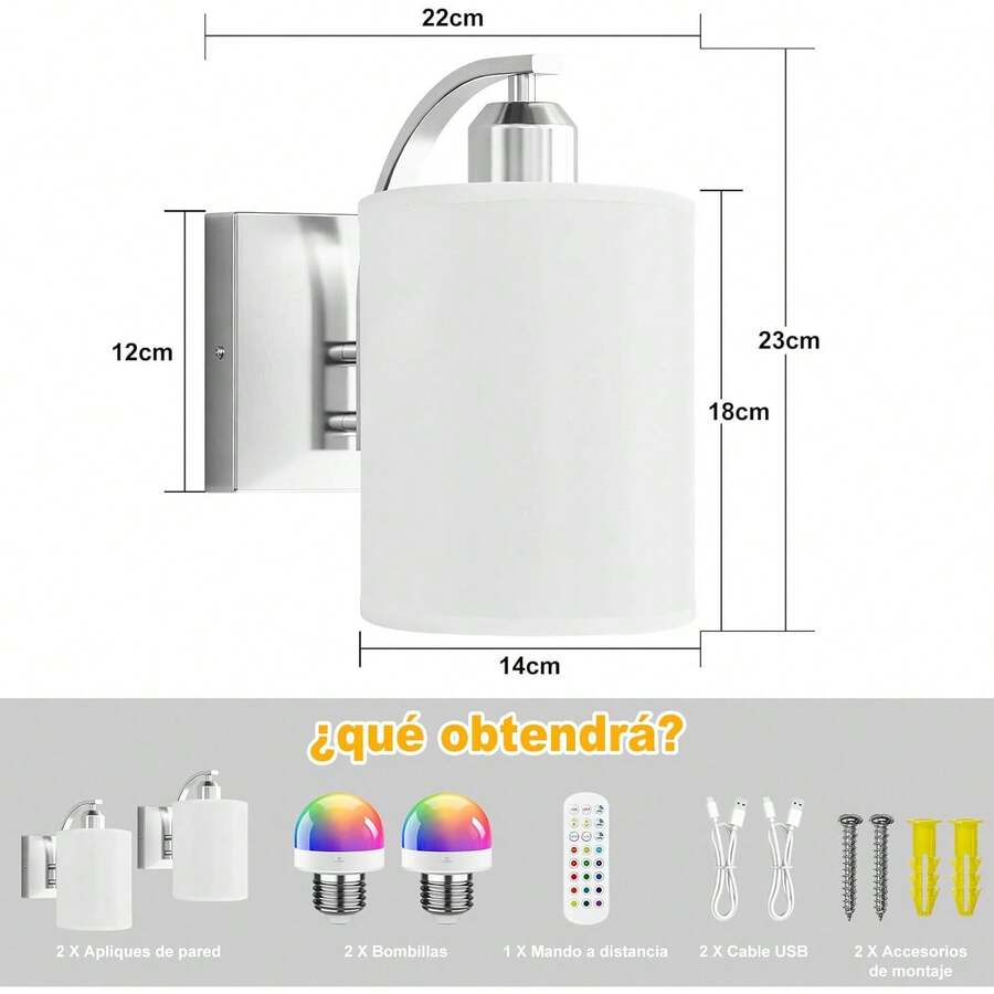 Juego de 2 Lámparas de Pared Inalámbricas Con Foco Recargables, Luces LED y RGB con Control Remoto, Apliques de Pared de Tela, iluminación para Recámara, Sala de Estar, Pasillo(plateado) - Oro - Ver 1