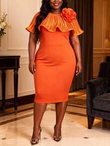 Plus Size Fitted Knee-Length Dress In Burnt Orange, Featuring Draped 3D Rose Floral Details, Sleeveless Round Neck, Medium Stretch Knit Fabric, New Year Edition