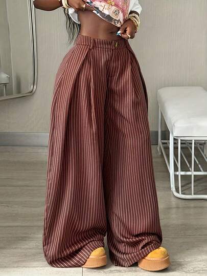 Pantalones casuales de pierna ancha con botones a rayas y cremallera, versátiles para uso diario