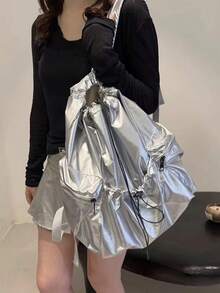 JIANSHANGGUSHI Ba lô dây rút xếp ly dáng casual dung tích lớn mới năm 2025, cặp sách học sinh unisex, vải nylon giặt nước, nhiều màu sắc để lựa chọn. - Bạc - Xem 6