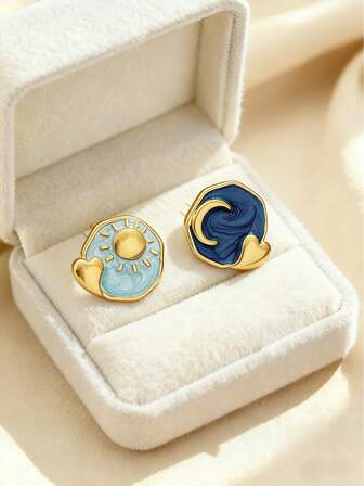 1 Pair Of French Elegant Retro Earrings,Drip Glaze Painting Style Moon Design Earrings, Suitable For Daily Decoration