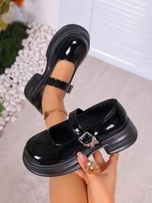 1 Pair Girl's Thick Sole & Thick Heel French Style High Heels, Versatile And Fashionable Bowknot Buckle Leather Shoes For Spring And Autumn - Black - View 5