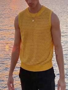 ANDREILEE Men's Casual Loose Solid Color Hollow Semi-Transparent Retro Streetwear Sportswear Sleeveless Knit Pullover Vest, Yellow - Yellow - View 3