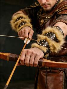 1件/2件 PU皮革和人造毛皮护腕 蒸汽朋克铆钉护臂 真人角色扮演服装 男女中世纪维京角色扮演配件 - 棕色 - 查看 2