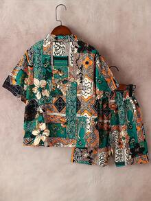 Set de 2 piezas de camisa y pantalones cortos estampados para niños, conjunto de ropa casual de verano para niños de 4 a 11 años - Multicolor - Ver 2