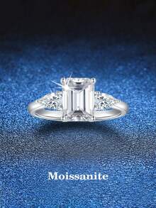 BLOVEMEE 1pc Elegant 925 Sterling Silver 2.7ct Emerald Cut Moissanite Ring, Suitable For Women's Daily Wear, Party, Vacation, Valentine's Day, Mother's Day, Wedding Anniversary, Women's Jewelry Gift