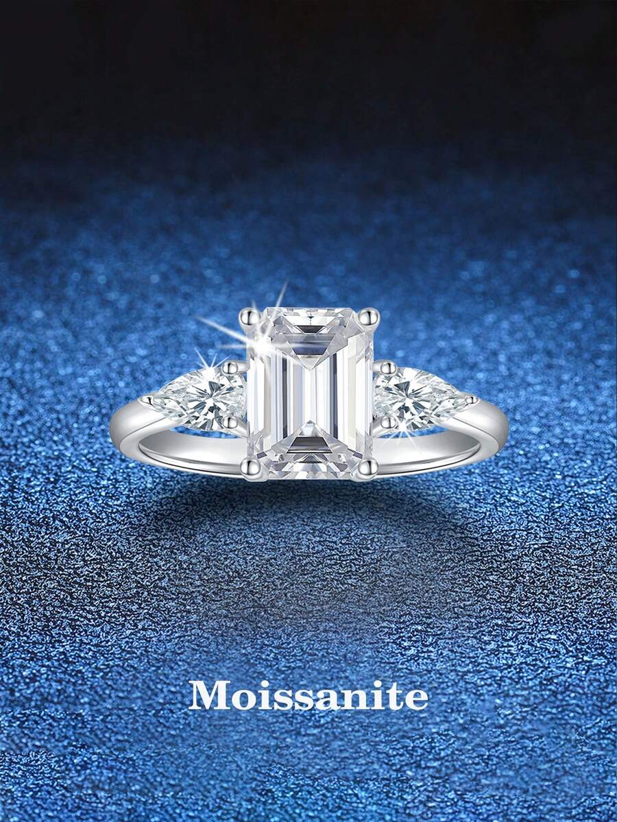 BLOVEMEE 1pc Elegant 925 Sterling Silver 2.7ct Emerald Cut Moissanite Ring, Suitable For Women's Daily Wear, Party, Vacation, Valentine's Day, Mother's Day, Wedding Anniversary, Women's Jewelry Gift