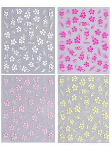 4pcs Lace Petal 3D Nail Stickers, White, Pink, Rose Red, Yellow, Romantic Floral Print, Gel Nail Polish Nail Art Self-Adhesive Stickers, Sliding DIY Spring/Summer Nail Decor Nails Nail Supplies - Multicolor - View 11