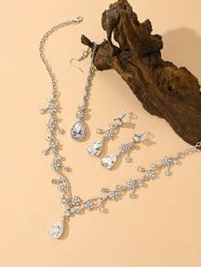 欧美时尚花卉水滴吊坠锁骨链/发链/水钻耳环套装，甜美优雅新娘配饰项链耳环发链首饰套装