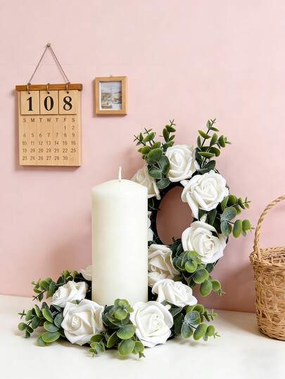 2pcs Artificial Rose Candle Ring Holder Decoration Fake Flowers Garland Eucalyptus, Holiday Candle Wreath Centerpiece For Wedding Tabletop Display, Dining Table, Fireplace Mantel, Coffee Table, Kitchen Counter, Living Room, Bedroom, Rustic Farmhouse Winter Holiday Decor, Christmas Eve Dinner And Seasonal Party Decoration(Candles Not Included) Christmas Decorations Valentine's Day Cake Decor