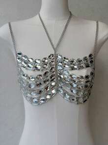 2026春夏新款水钻链条露背女式闪亮节日露脐上衣身体链派对配饰 - 銀色 - 查看 4