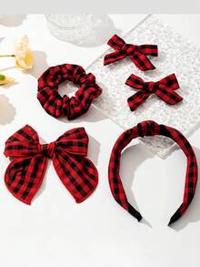 5pcs/Set New Kids Retro Collegiate Style Patterned Linen Fabric Bow Hairclips (Headband + Hair Ties + 2 Butterfly Hair Clips), Children's Hairstyle Gift Set, Red Bow, Suitable For Daily Use - Multicolor - View 13