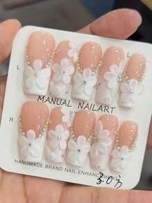 10片白色花朵法式美甲贴纸，方形，中等长度，浪漫白色花朵，优雅Y2K美甲，镶嵌闪亮钻石，手工制作，可佩戴，适合女孩日常佩戴，按压式美甲贴纸，假指甲，美甲用品，手工按压式美甲 - 白色 - 查看 4