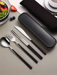 4pcs Stainless Steel Portable Cutlery Set, Travel Utensils With Case, Reusable Stainless Steel Camping Cutlery Set Including Fork, Spoon, Chopsticks And Case, Suitable For Western Dining, Kitchen, Lunch Box, Office, Picnic, Daily Meals, Multi-Combination - Multicolor - View 7