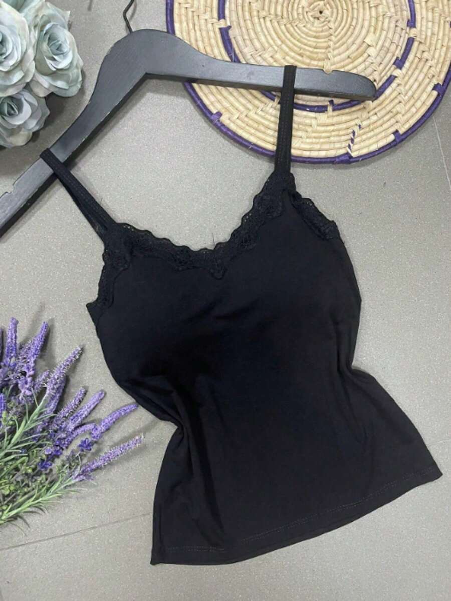 Plain Viscose/Lycra Fabric Tank Top With Pretty Built-In Bra Cups. - đen tuyền - Xem 1