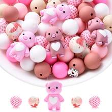 28颗/套粉色情人节爱心动物串珠，含15毫米印花圆珠和8毫米水晶珠 - 硅胶动物串珠套装，DIY手工套装，可用于制作手链、项链、派对礼品 - 彩色 - 查看 1