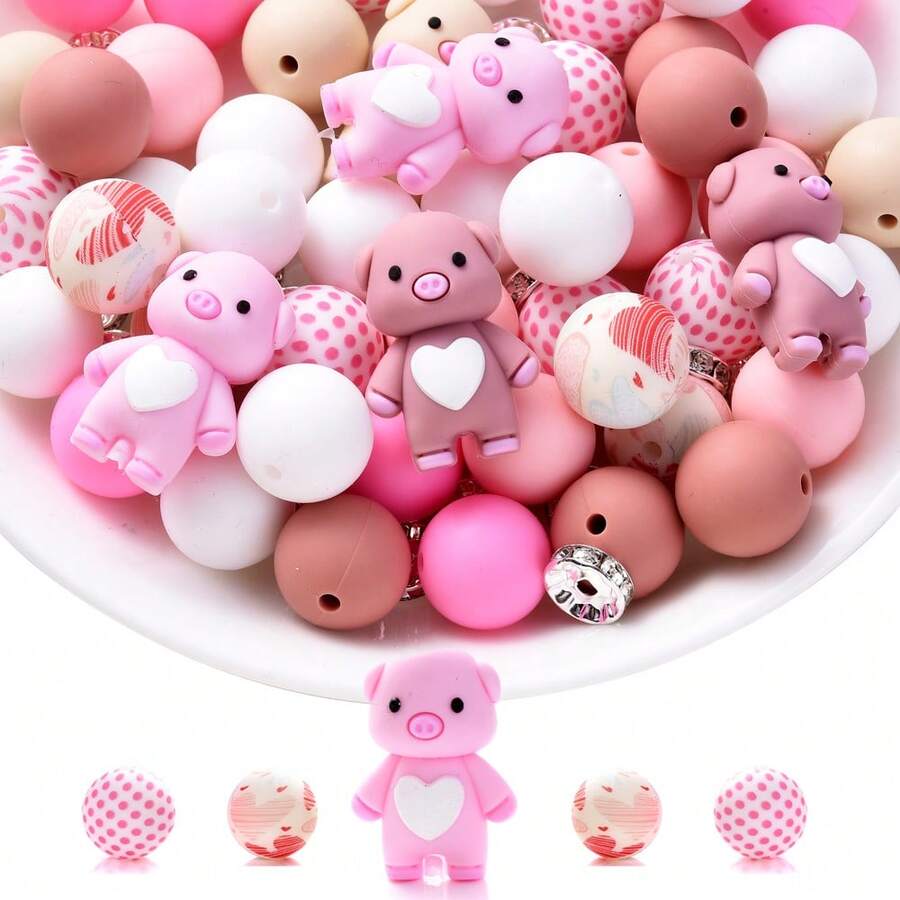 28颗/套粉色情人节爱心动物串珠，含15毫米印花圆珠和8毫米水晶珠 - 硅胶动物串珠套装，DIY手工套装，可用于制作手链、项链、派对礼品 - 彩色 - 查看 1