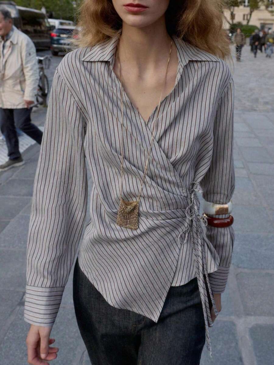 Women's Fashion Casual Elegant Commute Office Striped Criss-Cross Knotted Collar Asymmetric Drawstring Hem Design Blouse, Spring/Summer New