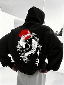 Men's Y2K Style Pure Cotton Hooded Sweatshirt Koi Fish Japanese Art Red Sun Design Streetwear Fashion Trendy Graphic Print Kangaroo Pockets And Drawstrings Long Sleeves Loose And Casual Thick Fabric Ideal For Gifts In Autumn And Winter High Quality Men's Clothing S To XL - Negro - Ver 1