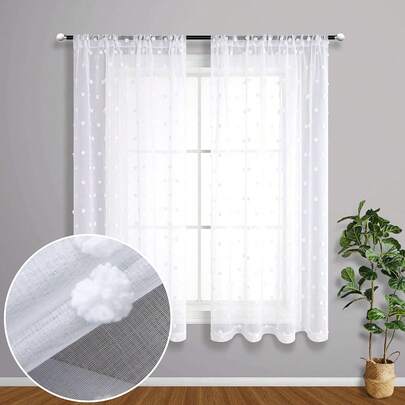 2pcs White Polka Dot Pom Pom Jacquard Sheer Curtains, Rod Pocket Top, Easy To Hang, Quality Polyester Fabric, Soft & Lightweight, Translucent, Machine Washable, Rustic European Style Home Window Decor, Suitable For Small Windows, Bedroom, Living Room, Kitchen, Office