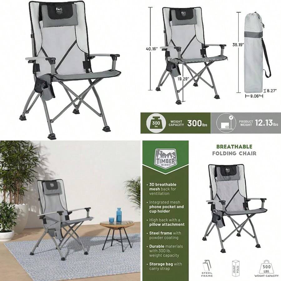 TIMBER RIDGE - Silla Plegable de Camping para Adultos, sillas Plegables de Aluminio con Soporte Organizador para Tazas y reposacabezas extraíble, Resistente soporta hasta 300 Libras, Color(Gris) - Multicolor - Ver 1