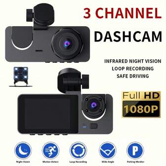 Cámara de salpicadero 1080P de 3 lentes - Cámara de salpicadero de vehículo con visión nocturna infrarroja, ángulo de visión de 170°, grabación en bucle, sensor G - Cámara de para vehículo, modo de estacionamiento las 24 horas, esencial para conducir