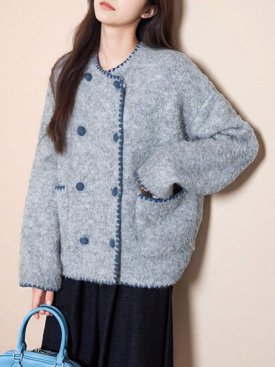 Alicedudu Women's Spring Elegant Simple Ruffled Contrast Trim Knit Cardigan Sweater - Grey - View 1