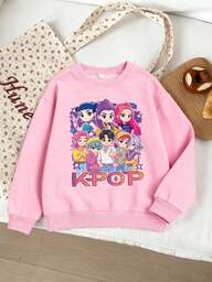 Kpop Hunter Group Pattern Print, Girls' Autumn Round-Neck Sweatshirt, Casual Outdoor Sports Style, Comfortable, Soft, Breathable And Skin-Friendly, Fashionable And Versatile, A Round-Neck Sweatshirt That Children Can Wear Alone