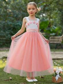 少女无袖露肩花卉贴花网纱腰部拼接长款时尚派对公主裙，适合婚礼、生日、晚宴等场合 - 粉色 - 查看 8