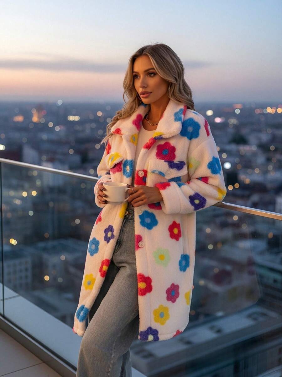 Womens Casual Fuzzy Floral Print Teddy Coat Button Front Long Sleeve Warm Knitted Fabric Midi Jacket With Collar And Pockets - 彩色 - 查看 1