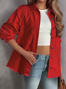 Áo khoác denim dáng rộng tay dài, cài khuy đơn, viền tua rua cỡ lớn dành cho nữ - Đỏ - Xem 3