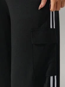 大码女式高腰口袋运动裤，宽松工装裤，侧边条纹，抽绳直筒裤脚，适合跑步、健身、瑜伽，黑色 - 黑色 - 查看 9