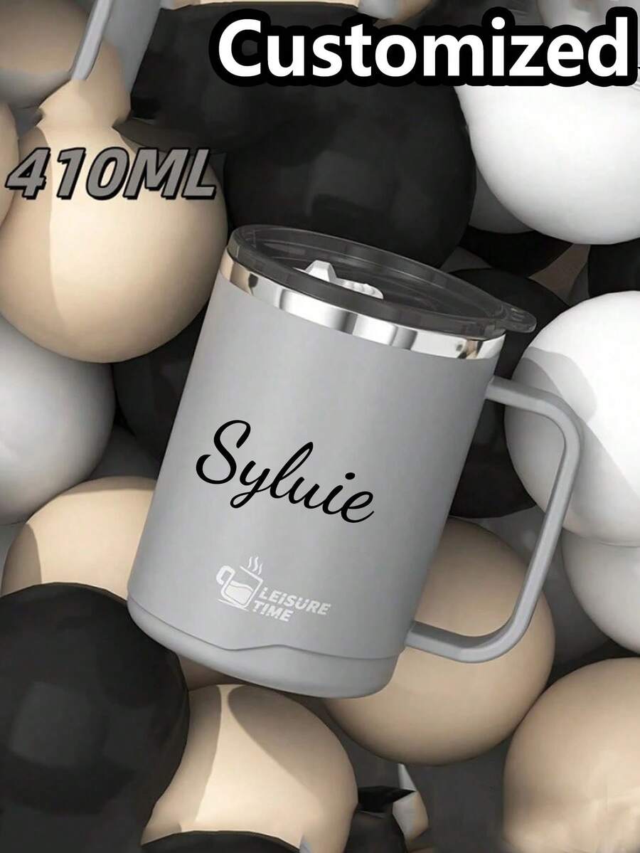 1pc Customized Stainless Steel Mug With Lid, Customized Stainless Steel Insulated Coffee Cup With Handle, 12oz Double Wall Vacuum Travel Mug, Double Layer Design, With Handle, Heat-Resistant, Anti-Drop, Portable Outdoor Cup, Coffee Mug, Leak-Proof And Anti-Scald Milk Coffee Cup, Large Capacity Drinking Cup, Birthday & Holiday Gift - 彩色 - 查看 1