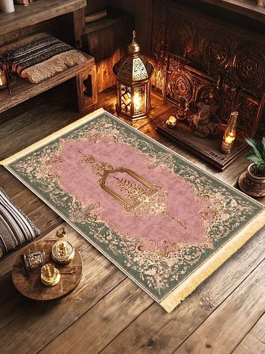 1pc Beautiful Vintage-Style Tasseled Prayer Mat, Candle & Floral Pattern Design, Soft & Comfortable Washable Carpet, Suitable For Traditional Festivals, Daily Home, Cultural Activities, Decorative Rug For Bedroom, Living Room, Outdoor - Multicolor - View 1
