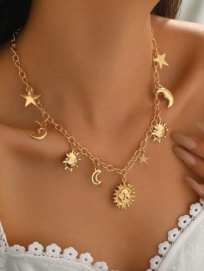 1pc Fashionable Pendant Necklace With Smiling Face, Sun, Star, Moon Elements, Minimalist Hollow Moon, Star, Sun Pendant Necklace Set, Suitable For Women's Daily, Vacation, Party Wear