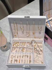 新款大容量可上锁首饰盒，双层大容量首饰收纳盒，奢华PU皮革首饰整理盒，桌面抽屉式收纳盒，可收纳项链、耳环、戒指、手表、配饰，亦可作家居装饰、梳妆托盘，节日礼物、女士礼物、圣诞礼物 - 彩色 - 查看 10