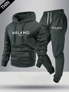 男士春秋季轻薄修身连帽衫和运动裤两件套，字母印花图案，休闲套装，带口袋和抽绳腰带，适合送给丈夫/男友，秋季街头风，通勤，户外活动，度假，凉爽天气穿着 - 彩色 - 查看 1