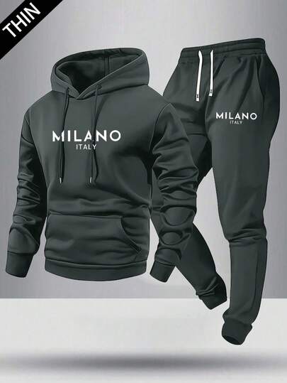 2-delat set med lättviktig huvtröja och mjukisbyxor för vår/höst, regular fit, bokstavstryck, avslappnad outfit med fickor och dragsko i midjan, lämplig som present till make/pojkvän, höststreetwear, pendling, utomhusaktiviteter, helgdagar, kallt väder