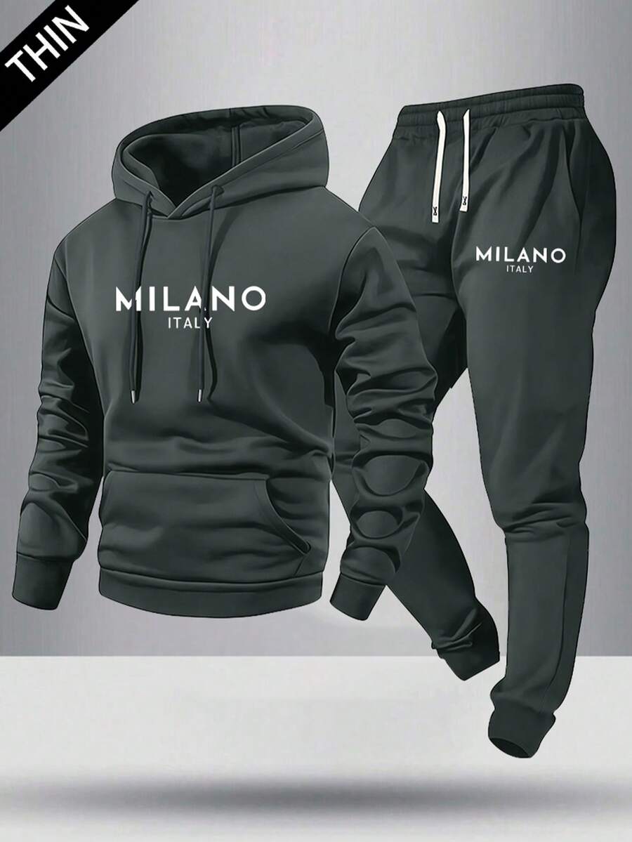 男士春秋季轻薄修身连帽衫和运动裤两件套，字母印花图案，休闲套装，带口袋和抽绳腰带，适合送给丈夫/男友，秋季街头风，通勤，户外活动，度假，凉爽天气穿着 - 彩色 - 查看 1